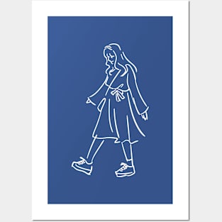 Minimalist white lineart girl walking Posters and Art